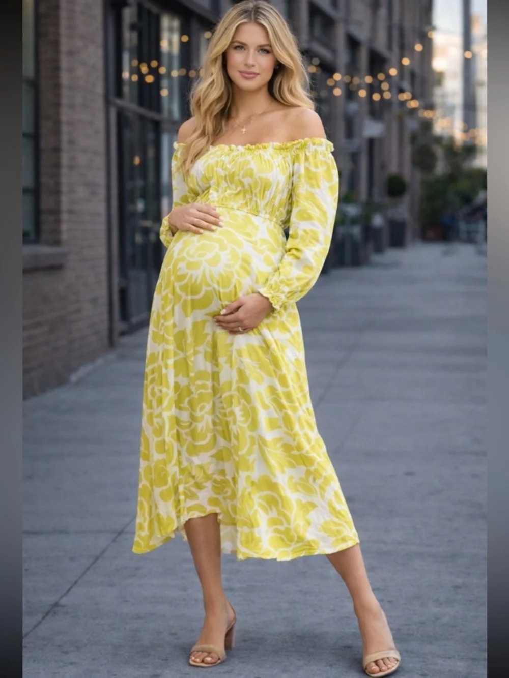 Hatch Lime Green Floral Off Shoulder Baby Shower Maternity Midi Dress Women's XL
